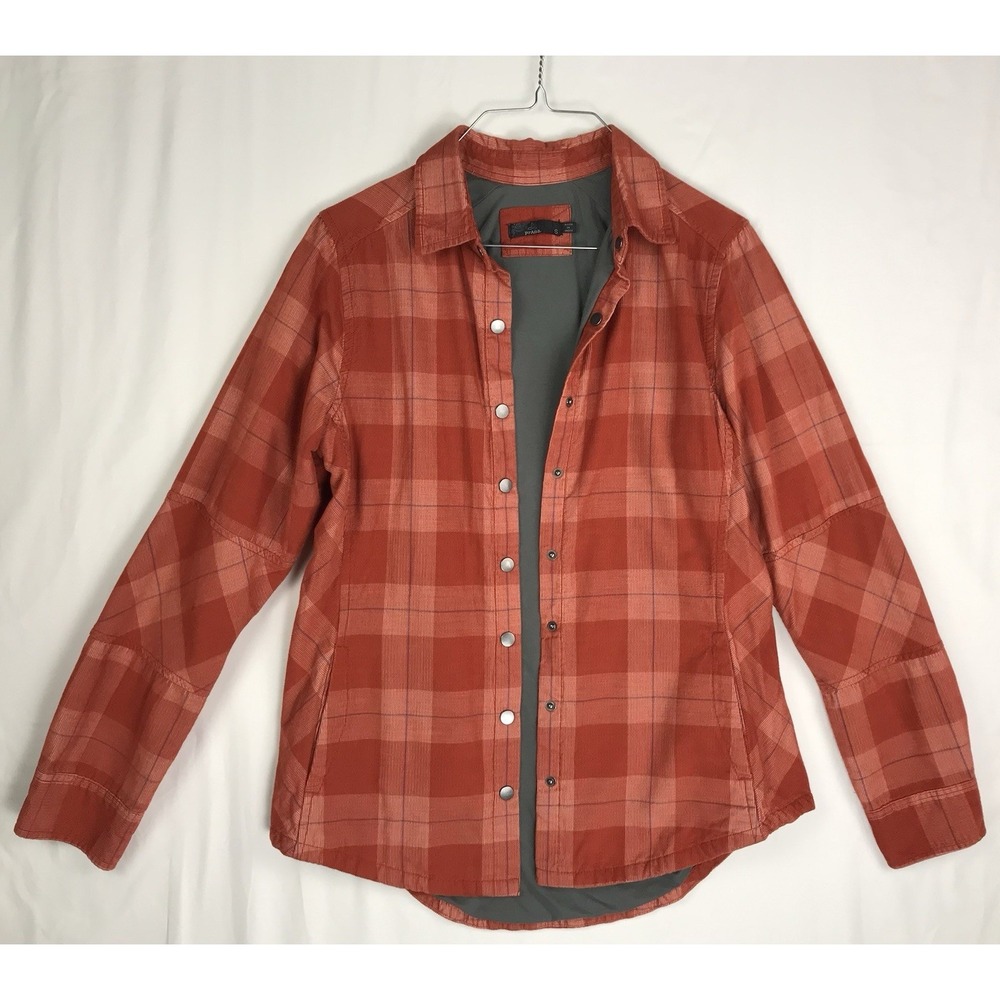 prAna Porter Park Flannel Shacket Shirt Jacket Rust Orange Plaid Women's Sz S